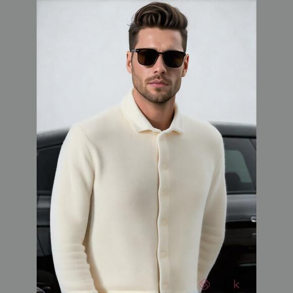 H&M Men's Regular Fit Textured Knit Shirt Size Medium Light Beige - Picture 1 of 14
